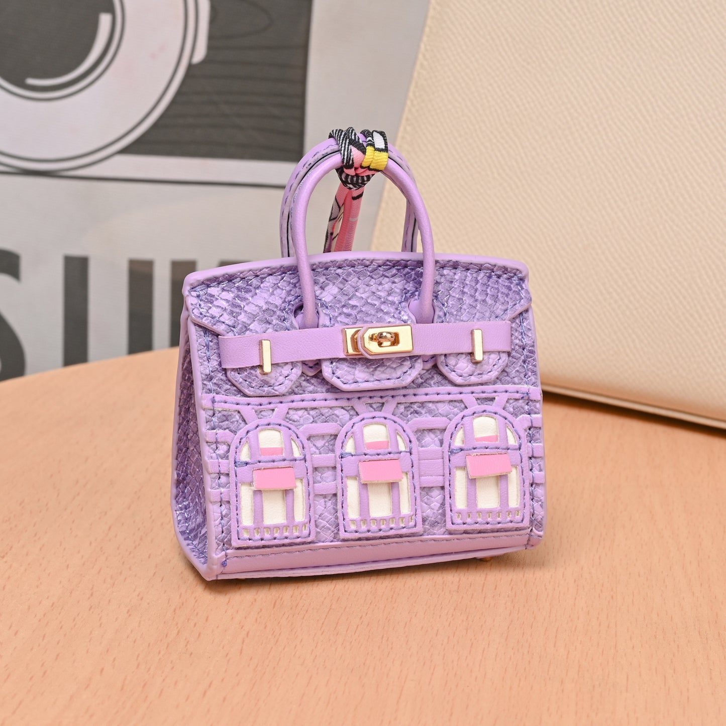 Leather Bag Charm Mini Birkin Purple