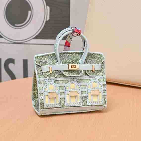 Leather Bag Charm Mini Birkin Aqua